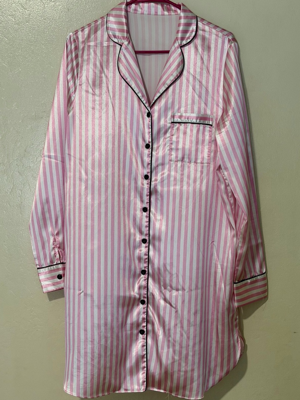 Women's Pink & White Striped Satin Nightshirt with Black Piping